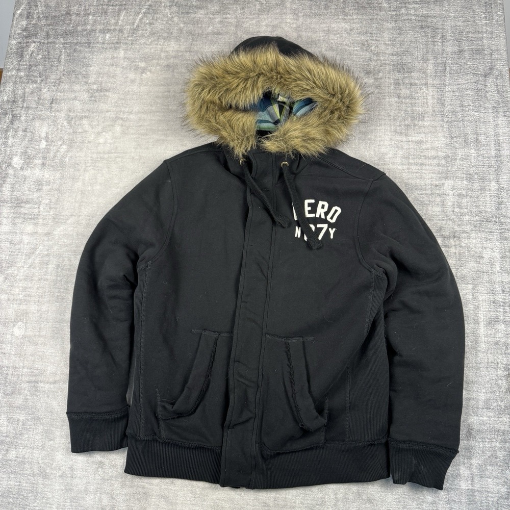 Aeropostale Jacket Womens Medium Black Faux Fur Hood Y2K Plaid Lined Zip Preppy